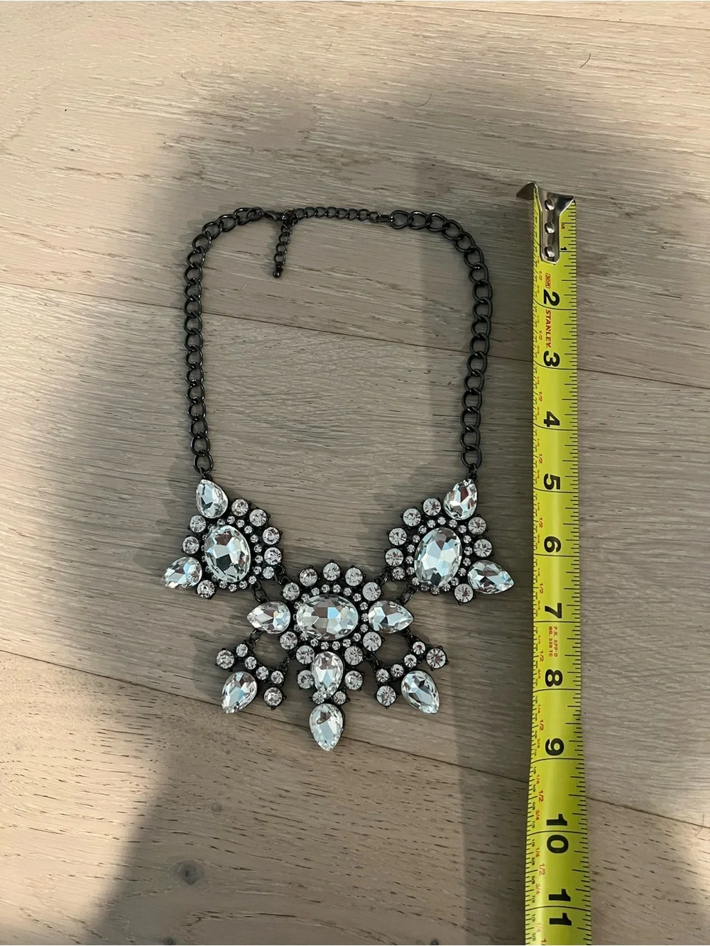 Clear Crystal Bib Necklace in Gunmetal Chain